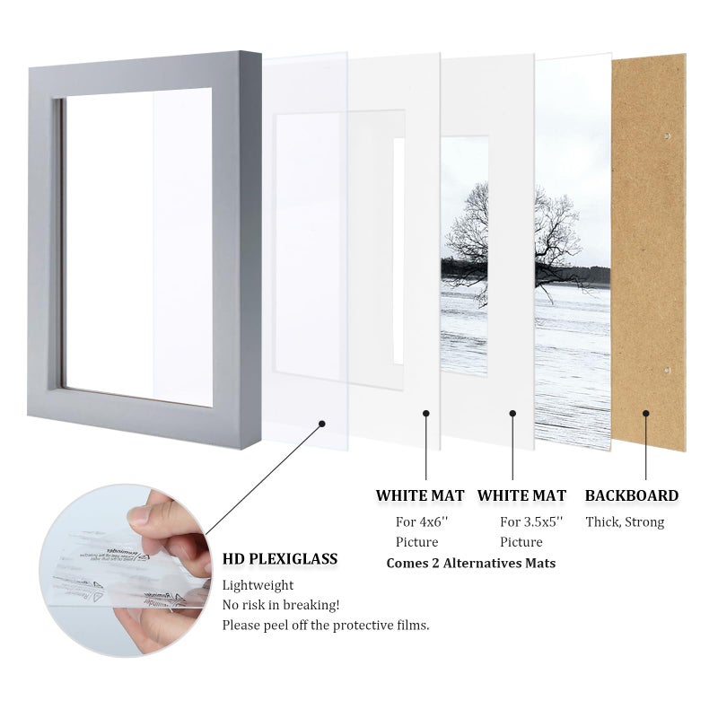 Egofine 5x7 Picture Frames Covered by Plexiglass, 4 Pack for Picture 4x6 with Mat or 5x7 whitout Mat Made of Solid Wood for Table Top Display and Wall Mounting Photo Frame, Light Gray - Image 4